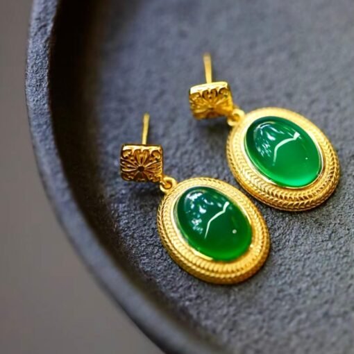 Genuine Oval Cabochon Green Chalcedony Stud Earring 925 Silver|Unique Gem Bezel Drop Earring/Natural Vintage Green Gemstone Jewelry Women - Image 2