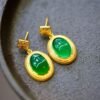 Genuine Oval Cabochon Green Chalcedony Stud Earring 925 Silver|Unique Gem Bezel Drop Earring/Natural Vintage Green Gemstone Jewelry Women
