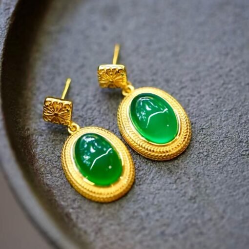 Genuine Oval Cabochon Green Chalcedony Stud Earring 925 Silver|Unique Gem Bezel Drop Earring/Natural Vintage Green Gemstone Jewelry Women