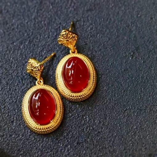 Authentic Cabochon Red Chalcedony Stud Earring 925 Silver|Unique Oval Red Gemstone Bezel Studs/Natural Vintage Red Gemstone Jewelry Women - Image 5