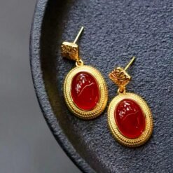 Authentic Cabochon Red Chalcedony Stud Earring 925 Silver|Unique Oval Red Gemstone Bezel Studs/Natural Vintage Red Gemstone Jewelry Women
