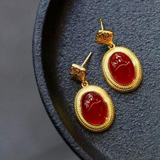 Authentic Cabochon Red Chalcedony Stud Earring 925 Silver|Unique Oval Red Gemstone Bezel Studs/Natural Vintage Red Gemstone Jewelry Women - Image 2