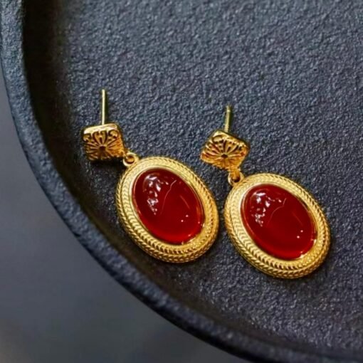 Authentic Cabochon Red Chalcedony Stud Earring 925 Silver|Unique Oval Red Gemstone Bezel Studs/Natural Vintage Red Gemstone Jewelry Women - Image 7