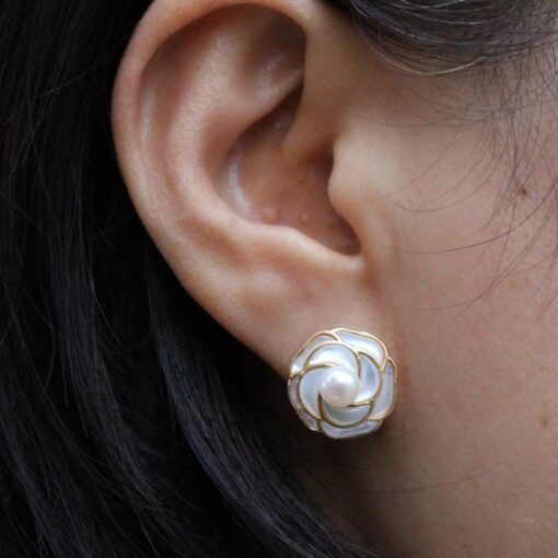 Petal Pearl studs Earring s923 silver|Unique floral pearl Earrings|Statement Pearl earring|Modern art deco stud|June Birthstone gift for her - Image 7