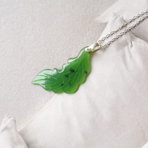 Unique Carved Leaf Green Nephrite Jade Pendant|Authentic Natural Art Deco Nephrite Necklace 925 silver Women|Dainty Handmade Jade Pendant - Image 5