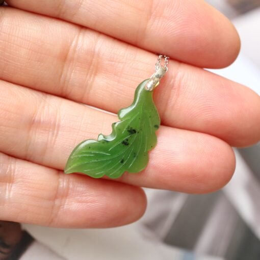 Unique Carved Leaf Green Nephrite Jade Pendant|Authentic Natural Art Deco Nephrite Necklace 925 silver Women|Dainty Handmade Jade Pendant - Image 3