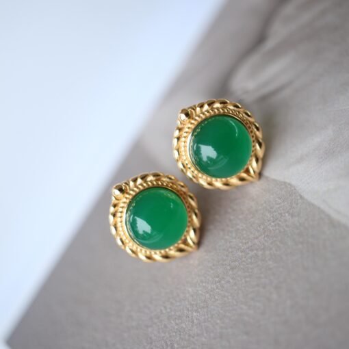 Natural Cabochon Green Chalcedony Stud Earring 925 Silver|Unique Green Zircon Bezel Studs/Handmade Real Vintage Green Gemstone Jewelry Women - Image 5