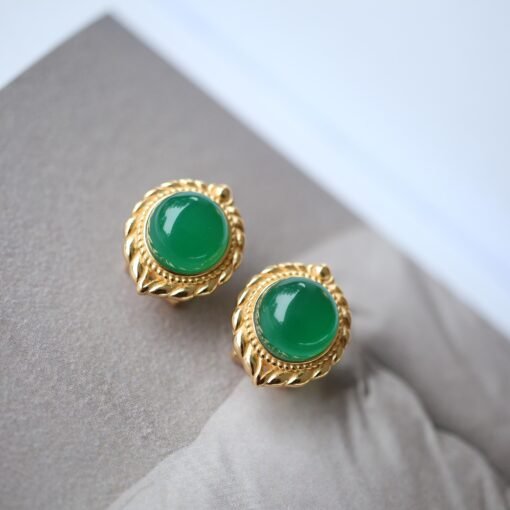 Natural Cabochon Green Chalcedony Stud Earring 925 Silver|Unique Green Zircon Bezel Studs/Handmade Real Vintage Green Gemstone Jewelry Women - Image 2