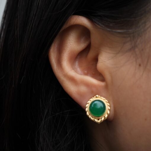 Natural Cabochon Green Chalcedony Stud Earring 925 Silver|Unique Green Zircon Bezel Studs/Handmade Real Vintage Green Gemstone Jewelry Women - Image 4