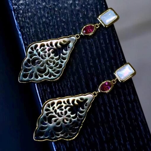 Natural Mabe Pearl Earrings with Garnet s925 Silver|Unique Vintage Mabe Pearl Jewelry|Statement Pearl Earrings|Perfect Wedding Earring - Image 3