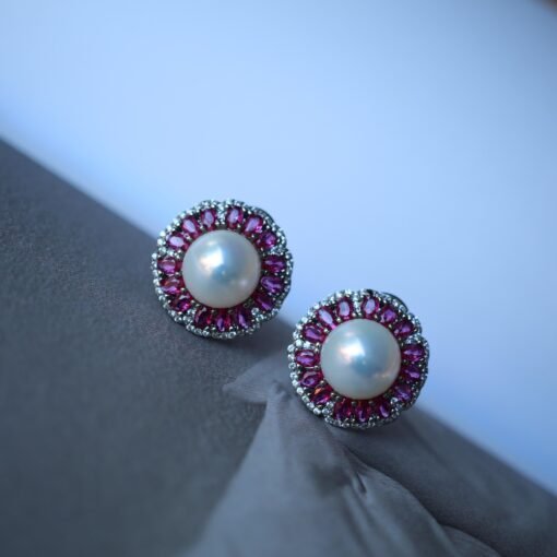 Natural Fresh Water Pearl Earrings in 925 silver with lab ruby halo-Silver pearl studs-Hemisphere silver pearl/Affordable silver earrings - Image 3