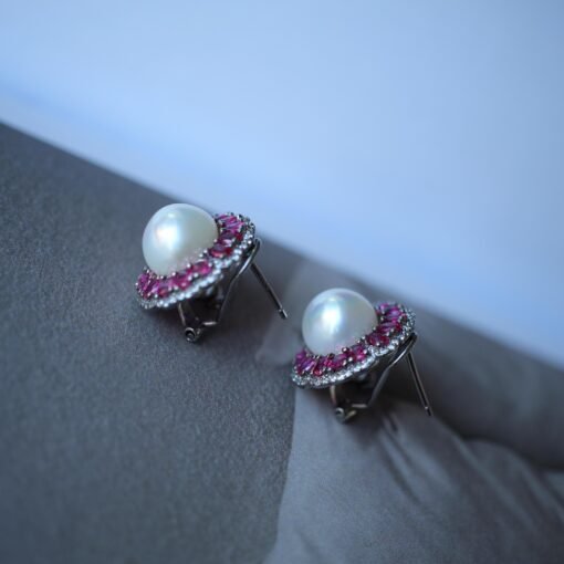 Natural Fresh Water Pearl Earrings in 925 silver with lab ruby halo-Silver pearl studs-Hemisphere silver pearl/Affordable silver earrings - Image 8