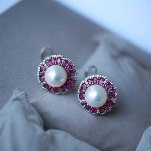 Natural Fresh Water Pearl Earrings in 925 silver with lab ruby halo-Silver pearl studs-Hemisphere silver pearl/Affordable silver earrings - Image 6