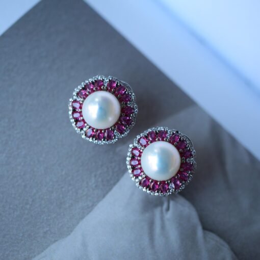 Natural Fresh Water Pearl Earrings in 925 silver with lab ruby halo-Silver pearl studs-Hemisphere silver pearl/Affordable silver earrings