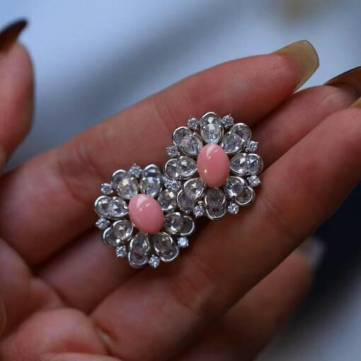 Natural Floral Pink Queen Conch Shell drop earring silver|Unique Untreated Pink Gemstone Jewelry|Art Deco Petal Zircon Silver Earring Women - Image 2