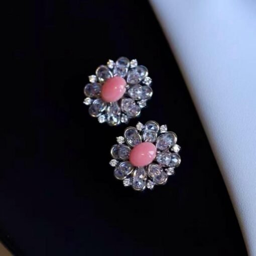 Natural Floral Pink Queen Conch Shell drop earring silver|Unique Untreated Pink Gemstone Jewelry|Art Deco Petal Zircon Silver Earring Women - Image 4