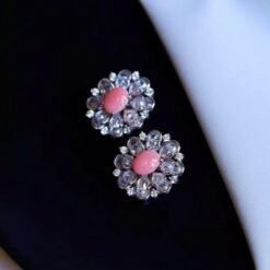 Natural Floral Pink Queen Conch Shell drop earring silver|Unique Untreated Pink Gemstone Jewelry|Art Deco Petal Zircon Silver Earring Women
