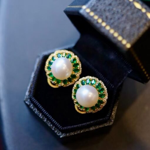 Natural Pearl Stud Earrings in 925 silver with Green Zircon halo-Silver pearl studs-Statement Wedding pearl Earring Women/9mm pearl Stud - Image 4