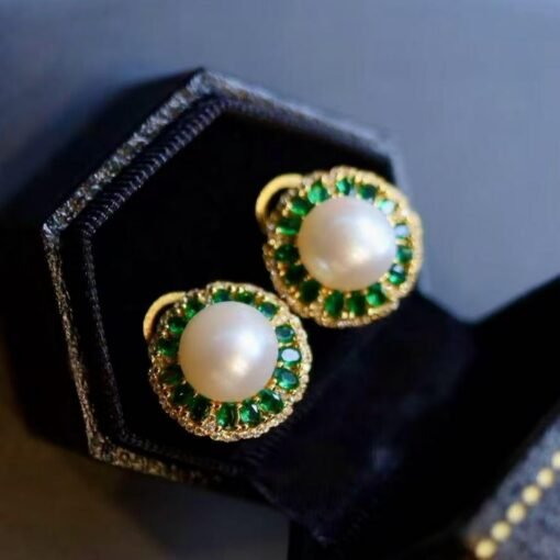 Natural Pearl Stud Earrings in 925 silver with Green Zircon halo-Silver pearl studs-Statement Wedding pearl Earring Women/9mm pearl Stud - Image 2