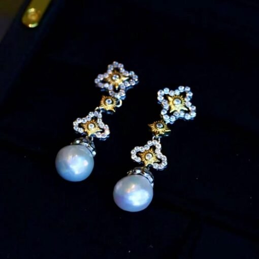 Natural pearl with zircon drop earrings sterling silver|Vintage Antique Pearl Studs Earrings gold|Handmade Art Deco Pearl Earrings Women - Image 7