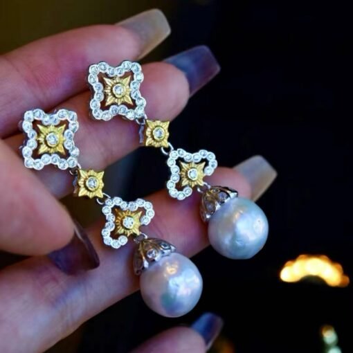Natural pearl with zircon drop earrings sterling silver|Vintage Antique Pearl Studs Earrings gold|Handmade Art Deco Pearl Earrings Women - Image 3