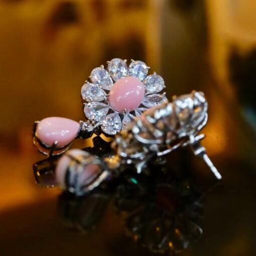 Natural Floral Pink Queen Conch Shell Stud earring silver|Art Deco Vintage Untreated Pink Gemstone Jewelry|Unique White Zircon Earring Women - Image 5