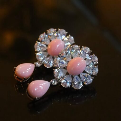 Natural Floral Pink Queen Conch Shell Stud earring silver|Art Deco Vintage Untreated Pink Gemstone Jewelry|Unique White Zircon Earring Women - Image 2