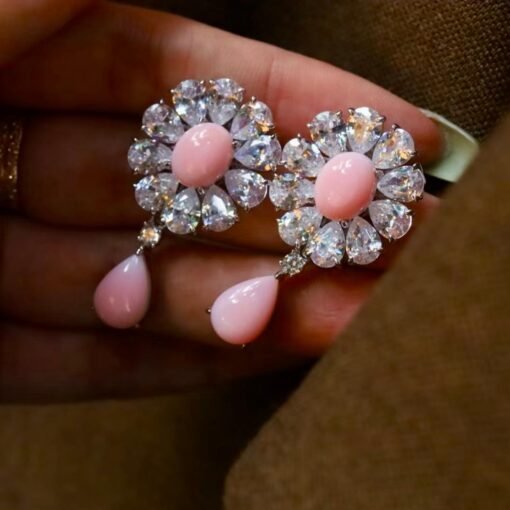 Natural Floral Pink Queen Conch Shell Stud earring silver|Art Deco Vintage Untreated Pink Gemstone Jewelry|Unique White Zircon Earring Women - Image 4