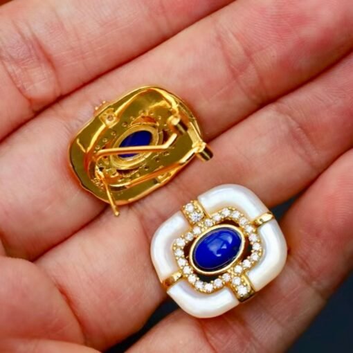 Genuine Lapis Lazuli Studs Earring sterling silver|Statement lapis lazuli studsOval lapis lazuli studsVintage Antique Lapis Lazuli stud - Image 4