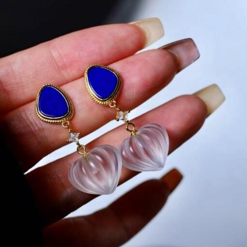 Natural Quartz with Lapis Lazuli Teardrop Earrings silver/Unique Chunky Quartz Drop Earrings Women/Art Deco Vintage Quartz Earrings Gold - Image 2