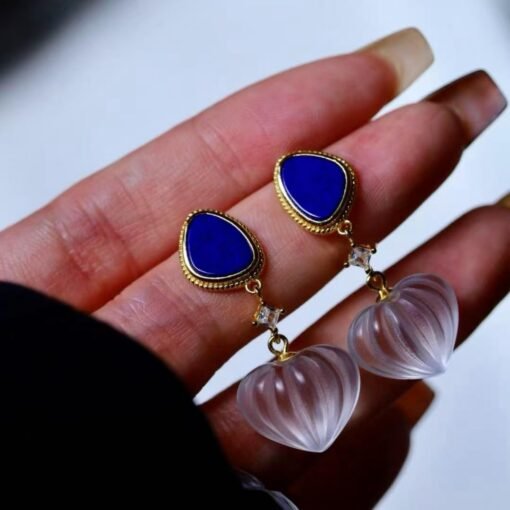 Natural Quartz with Lapis Lazuli Teardrop Earrings silver/Unique Chunky Quartz Drop Earrings Women/Art Deco Vintage Quartz Earrings Gold - Image 4