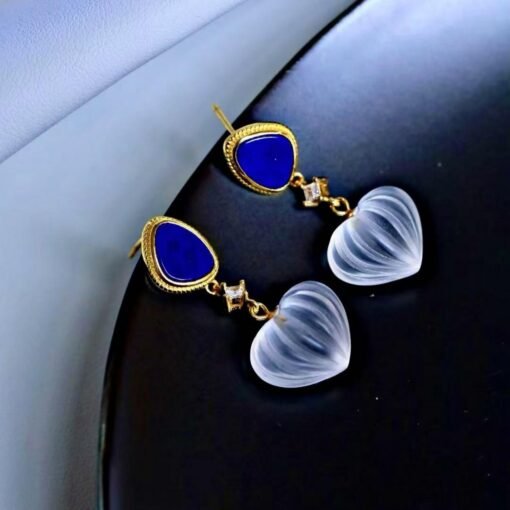 Natural Quartz with Lapis Lazuli Teardrop Earrings silver/Unique Chunky Quartz Drop Earrings Women/Art Deco Vintage Quartz Earrings Gold - Image 3