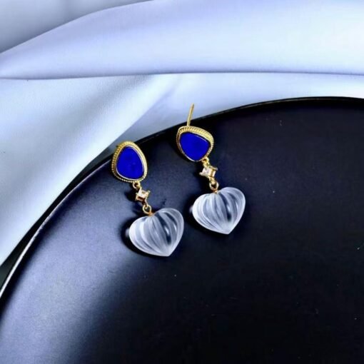 Natural Quartz with Lapis Lazuli Teardrop Earrings silver/Unique Chunky Quartz Drop Earrings Women/Art Deco Vintage Quartz Earrings Gold
