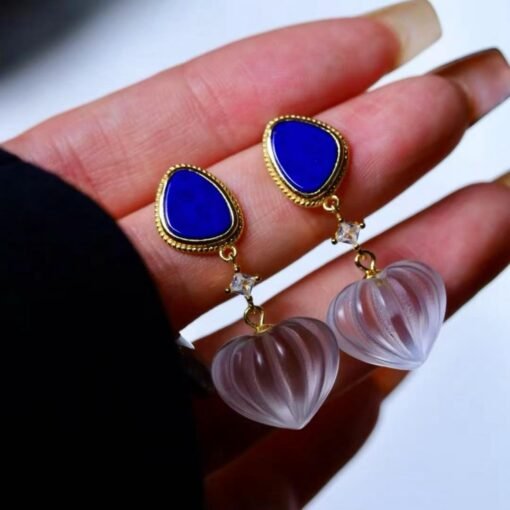 Natural Quartz with Lapis Lazuli Teardrop Earrings silver/Unique Chunky Quartz Drop Earrings Women/Art Deco Vintage Quartz Earrings Gold - Image 7