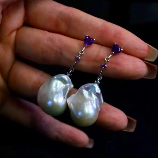 Natural Pearl Drop Earrings With Amethyst Silver|Statement Modern Pearl Drop/Art deco Pearl Drop Women|Unique February Birthstone Gift - Image 2