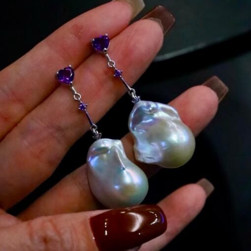 Natural Pearl Drop Earrings With Amethyst Silver|Statement Modern Pearl Drop/Art deco Pearl Drop Women|Unique February Birthstone Gift - Image 3