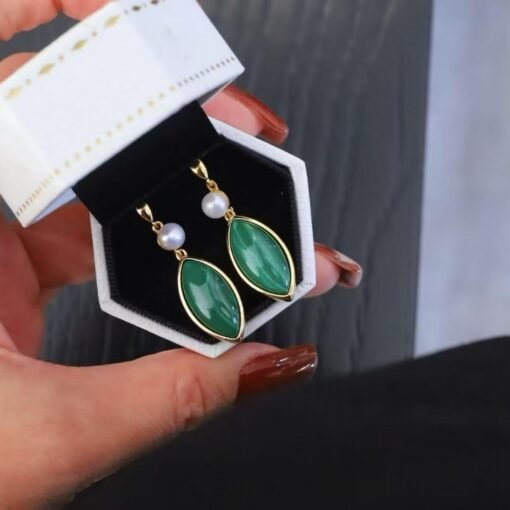 Natural Malachite Studs Earrings Pearl|Vivid Green Malachite Earring Sterling Silver|Statement Green Studs Earring|Minimalist Pearl Earrings - Image 2