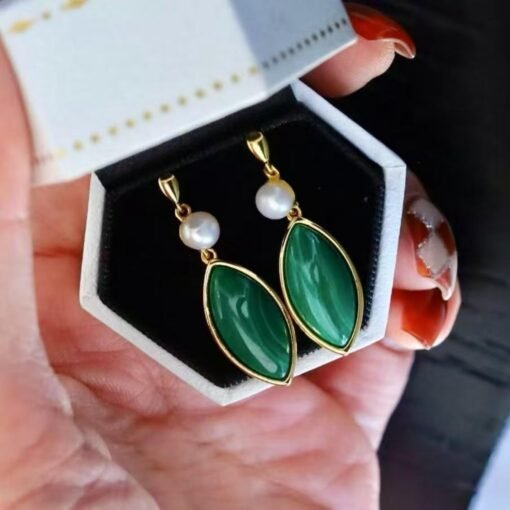 Natural Malachite Studs Earrings Pearl|Vivid Green Malachite Earring Sterling Silver|Statement Green Studs Earring|Minimalist Pearl Earrings - Image 5