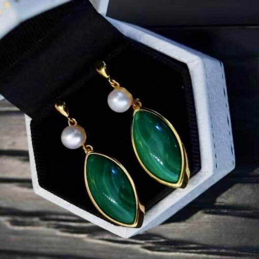 Natural Malachite Studs Earrings Pearl|Vivid Green Malachite Earring Sterling Silver|Statement Green Studs Earring|Minimalist Pearl Earrings - Image 7