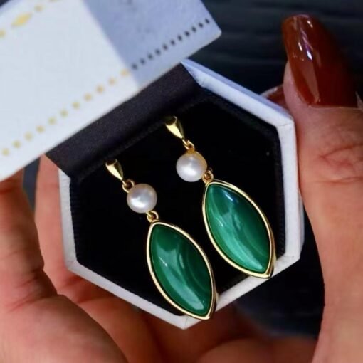 Natural Malachite Studs Earrings Pearl|Vivid Green Malachite Earring Sterling Silver|Statement Green Studs Earring|Minimalist Pearl Earrings - Image 8