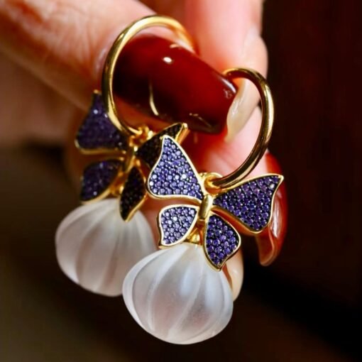 Natural Quartz Teardrop Butterfly Earrings s925 silver/Unique Chunky Quartz Drop Earrings Women/Art Deco Modern Statement Quartz Earrings - Image 4