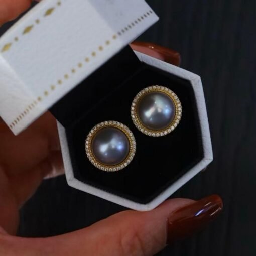 Natural Mabe Pearl Studs with Zircon Sterling Sliver|Pearl Halo Zircon Stud|Statement Studs Earring|Real Pearl Stud|Perfect Anniversary Gift