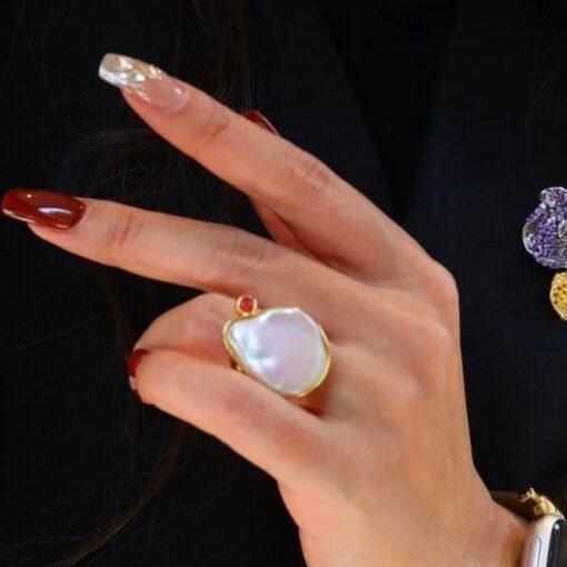 Natural Big Pearl Ring Silver|Minimalist Simple Pearl ring gold Women|Statement Pearl ring|Unqiue June Birthstone Pearl ring