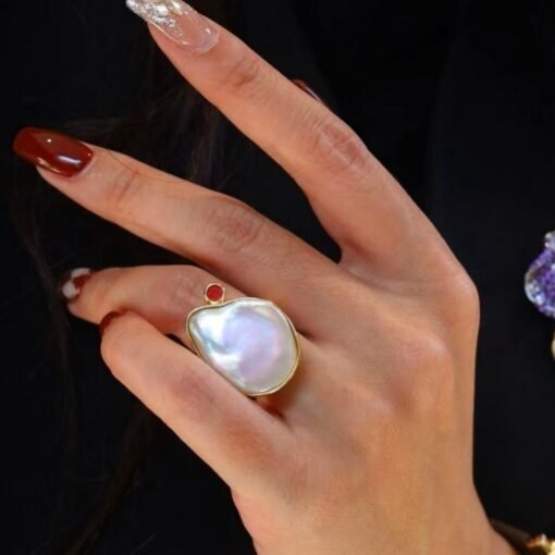 Natural Big Pearl Ring Silver|Minimalist Simple Pearl ring gold Women|Statement Pearl ring|Unqiue June Birthstone Pearl ring - Image 6