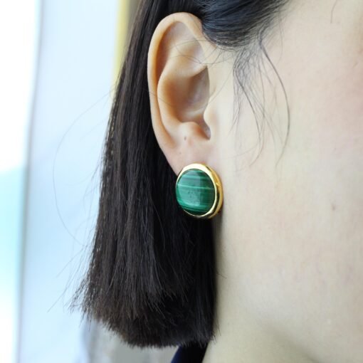 Natural Malachite Studs Earrings silver|Statement Malachite Jewelry|Charm Vintage reen Earring|Hemisphere Malachite Earringbridesmaids gift - Image 7