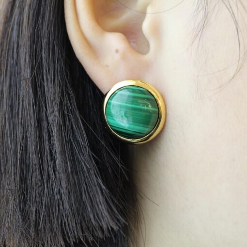 Natural Malachite Studs Earrings silver|Statement Malachite Jewelry|Charm Vintage reen Earring|Hemisphere Malachite Earringbridesmaids gift - Image 4