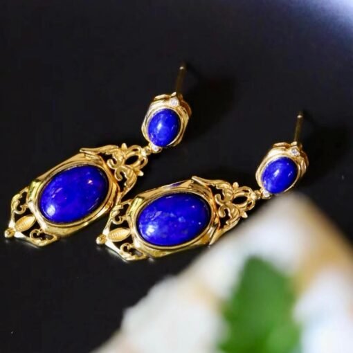 Vintage Lapis Lazuli Drop Gold Plated silver|Natural lapis lazuli Earrings womenUnique Blue Gemstone EarringArt deco lapis lazuli Earrings - Image 6