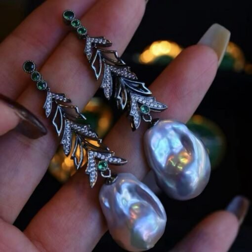 Unique Christmas Tree Baroque Pearl Drop Earrings with Zircon silver|Big Natural Genuine Pearl Earrings women|Modern Art Deco Pearl Earrings - Image 3