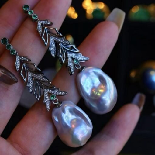 Unique Christmas Tree Baroque Pearl Drop Earrings with Zircon silver|Big Natural Genuine Pearl Earrings women|Modern Art Deco Pearl Earrings - Image 5