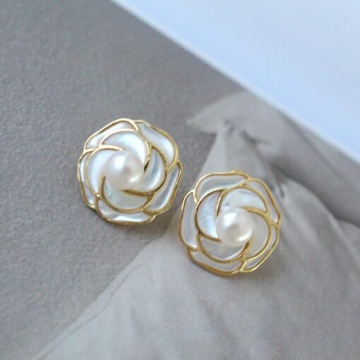 Petal Pearl studs Earring s923 silver|Unique floral pearl Earrings|Statement Pearl earring|Modern art deco stud|June Birthstone gift for her - Image 8